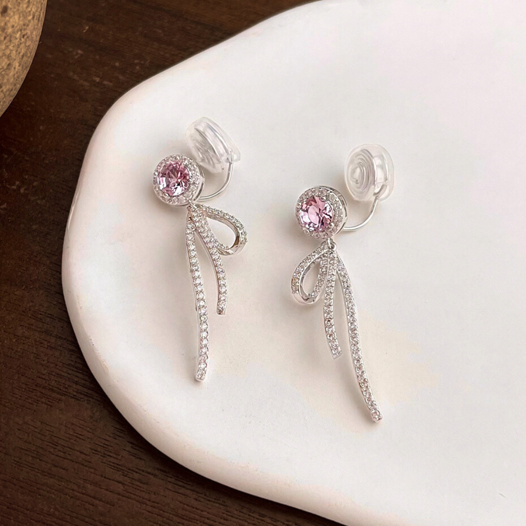 【予約販売|10/30(木)〜発送】ピンクストーン&リボンイヤリング【ノンホール(スプリングタイプ)】