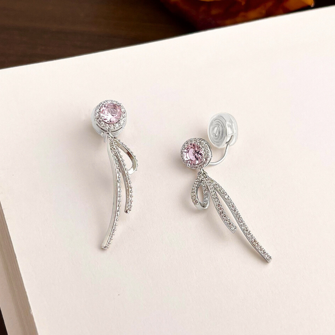 【予約販売|10/30(木)〜発送】ピンクストーン&リボンイヤリング【ノンホール(スプリングタイプ)】