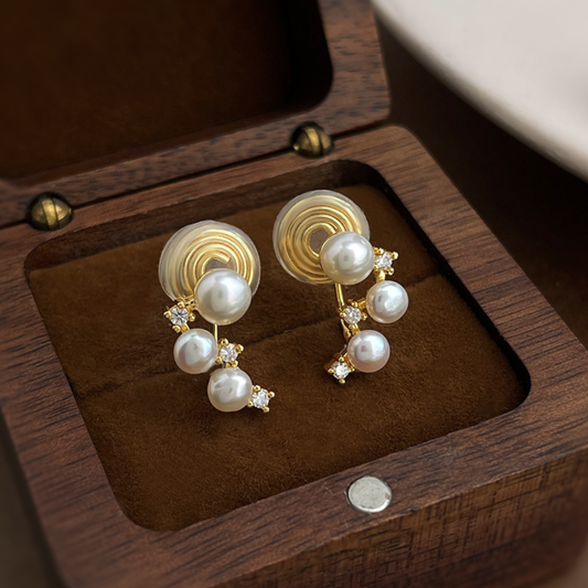 3連淡水パール&ジルコン イヤリング【ノンホール(スプリングタイプ)】