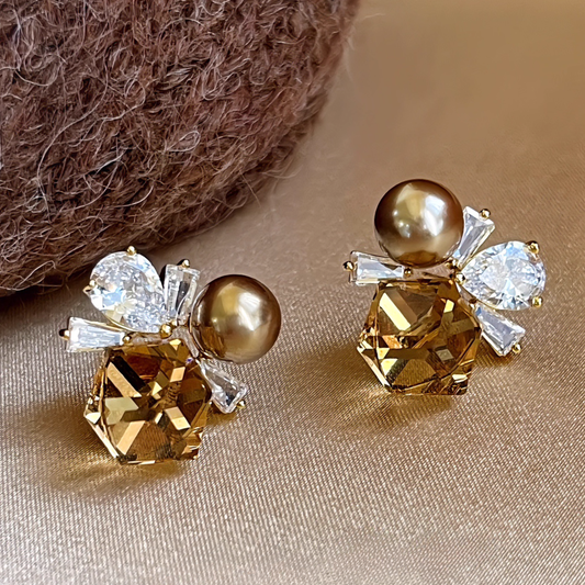 シャンパンジルコン&パールクラスター イヤリング【ノンホール(スプリングタイプ)】