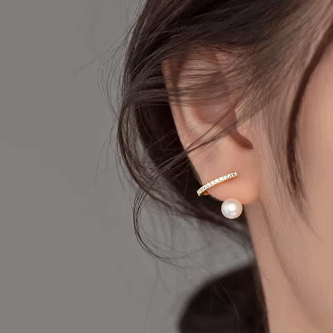 レイヤードパール＆ジルコニアイヤリング【ノンホール(フラットタイプ)】