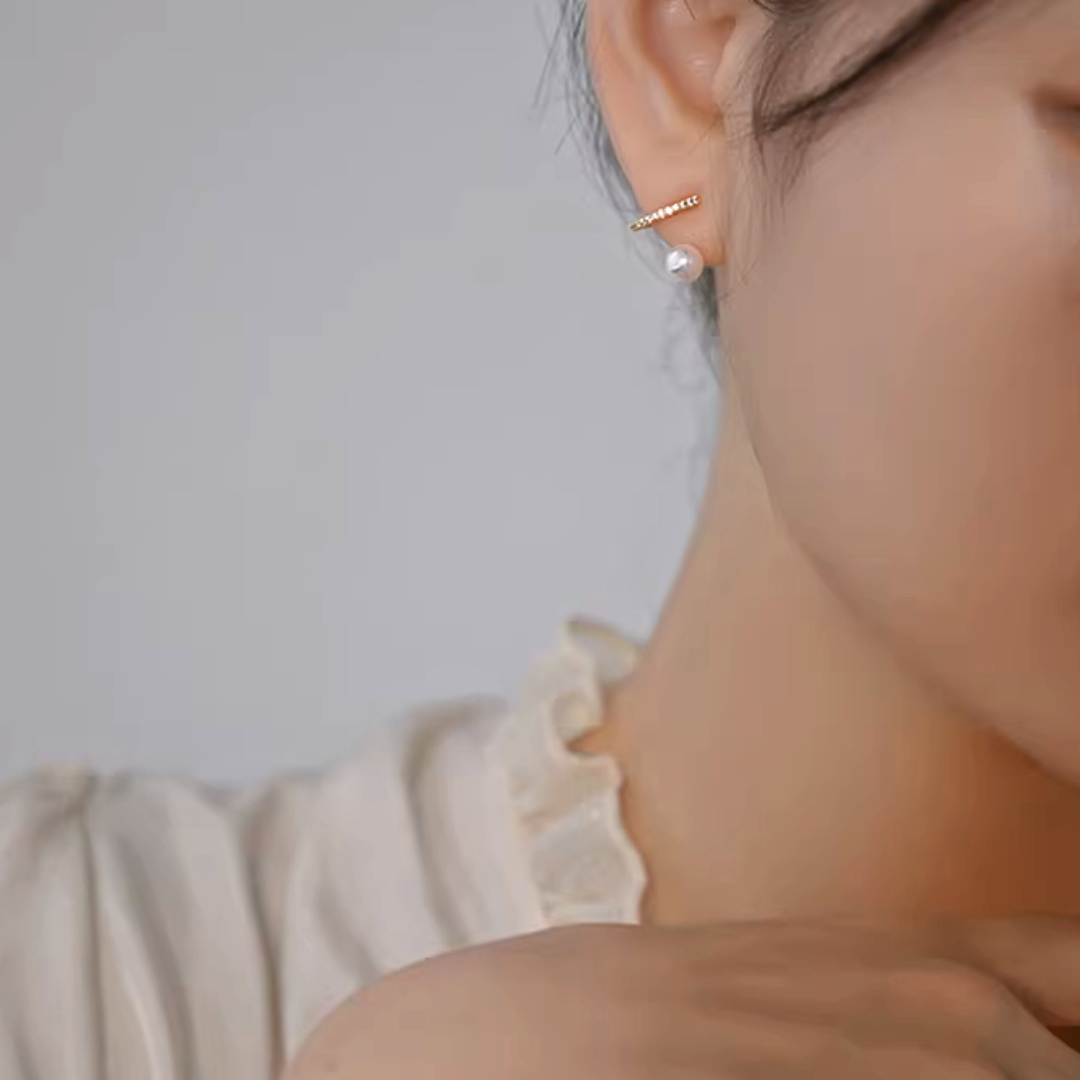 レイヤードパール＆ジルコニアイヤリング【ノンホール(フラットタイプ)】