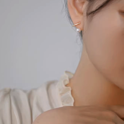 レイヤードパール＆ジルコニアイヤリング【ノンホール(フラットタイプ)】