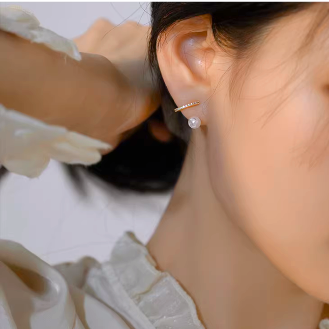 レイヤードパール＆ジルコニアイヤリング【ノンホール(フラットタイプ)】