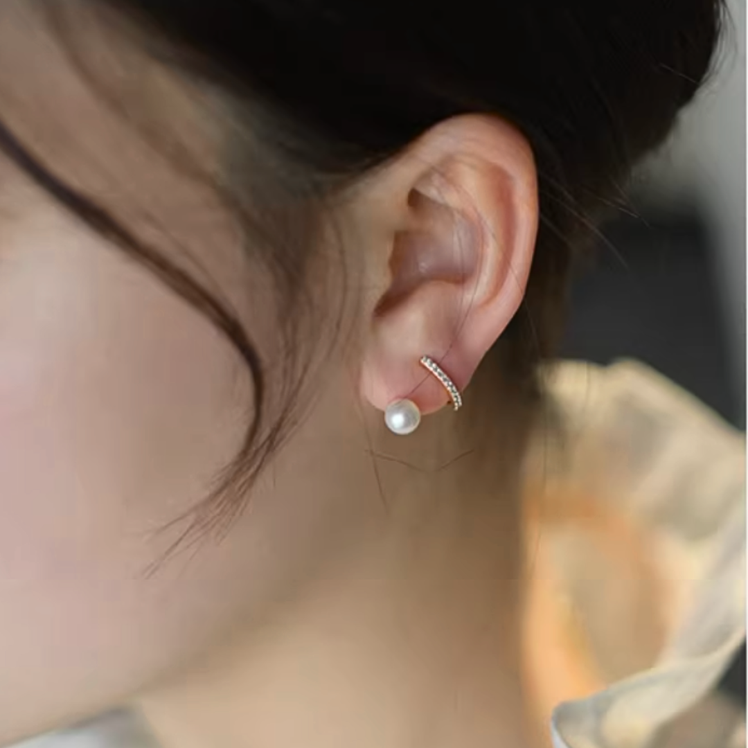 レイヤードパール＆ジルコニアイヤリング【ノンホール(フラットタイプ)】