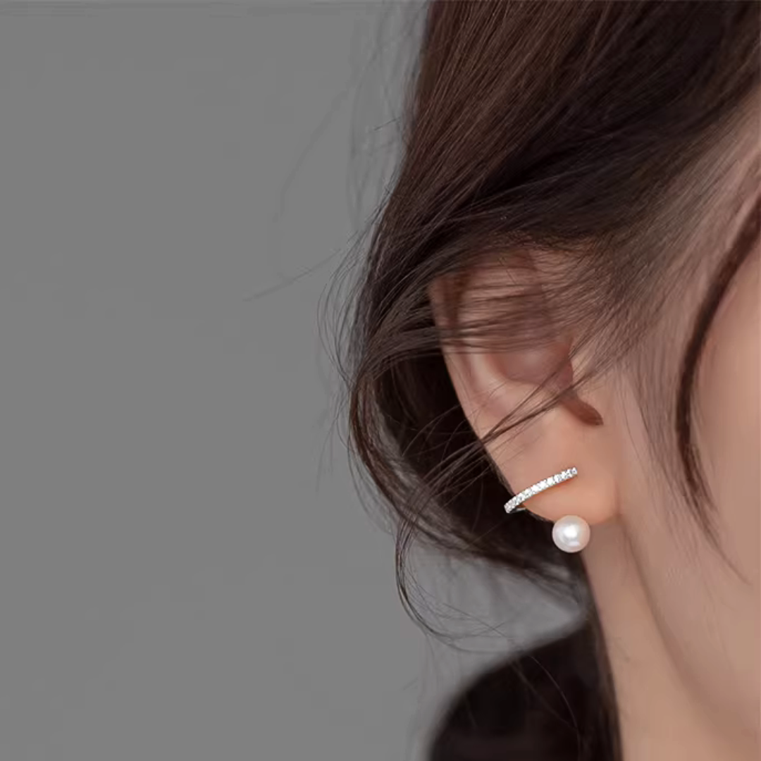 レイヤードパール＆ジルコニアイヤリング【ノンホール(フラットタイプ)】